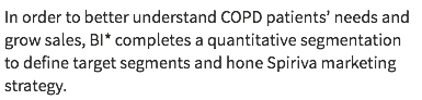 In order to better understand COPD patients’ needs and grow sales, BI* completes a quantitative segmentation to define target segments and hone Spiriva marketing strategy.